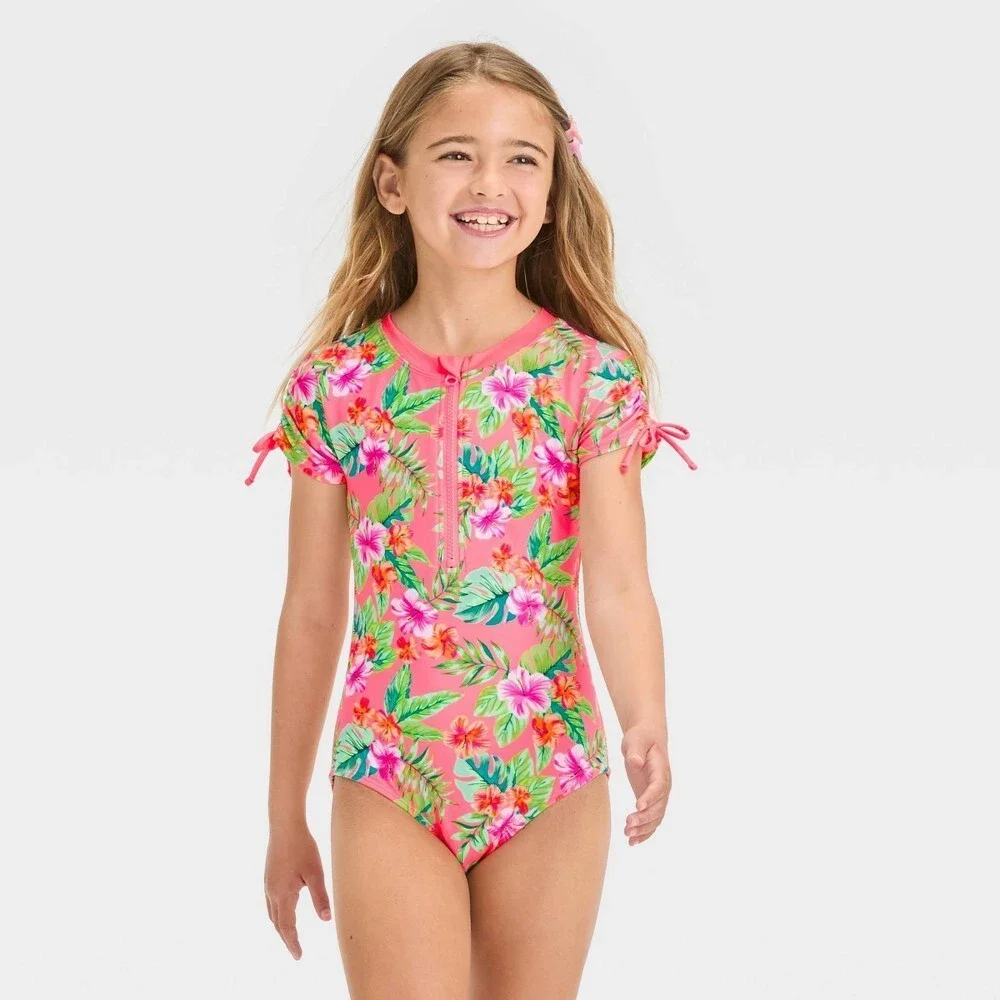 Girls Printed One Piece Rash Guard Swimsuit - Cat & Jack Size Small 6/7